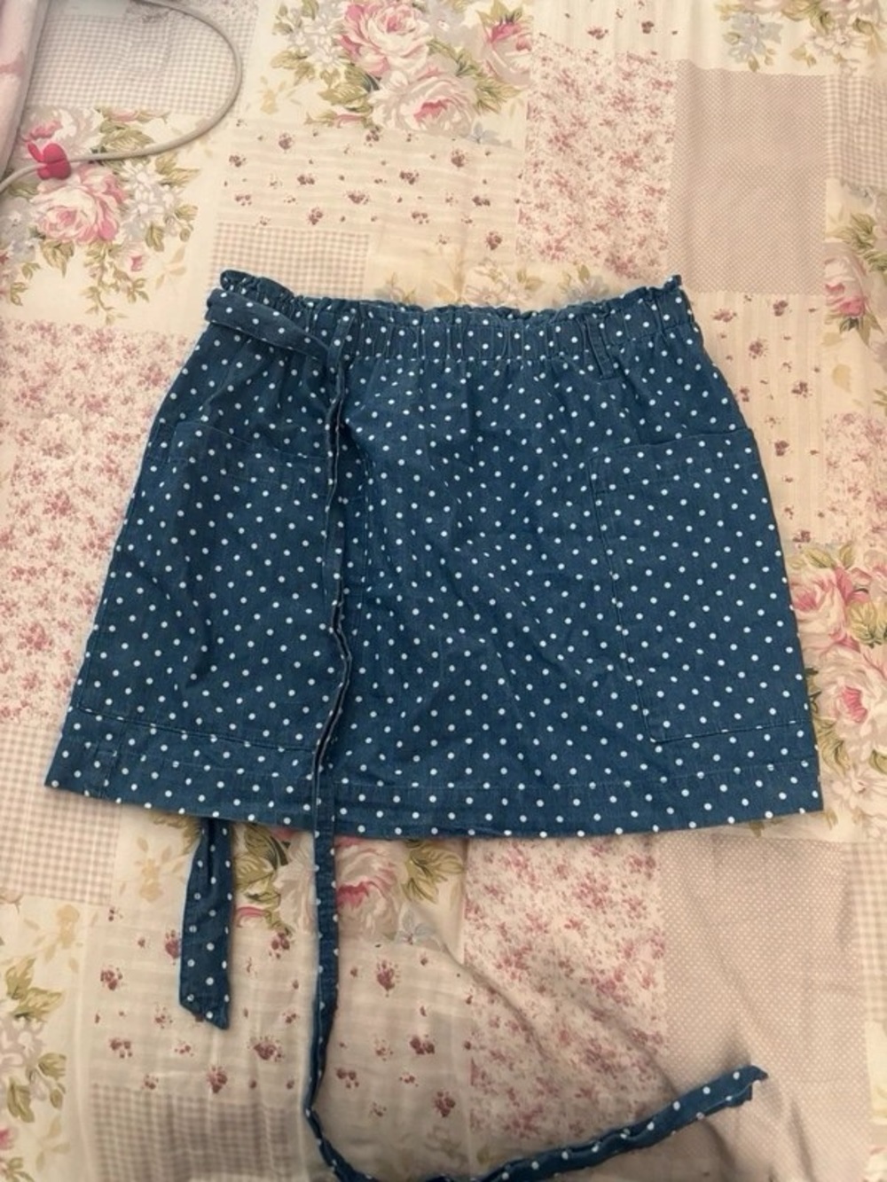 Polka Dot Denim-Look Tie-Waist Mini Skirt - Blue